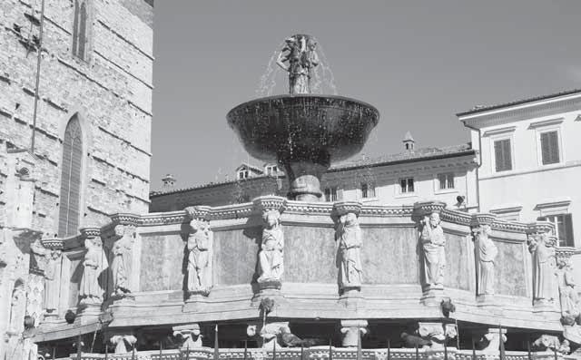 The lower basin of the Fontana Maggiore features bas relief depictions of the calendar months, astrological symbols, and the liberal arts, while the upper basin is decorated with biblical, ancient,