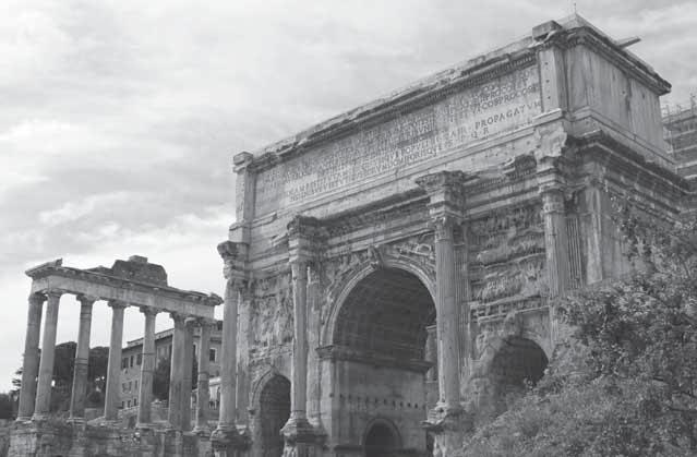 The Arch of Septimius Severus and Temple of Saturn The Arch of Septimius Severus dominates the west end of the Forum. It was erected in A.D.