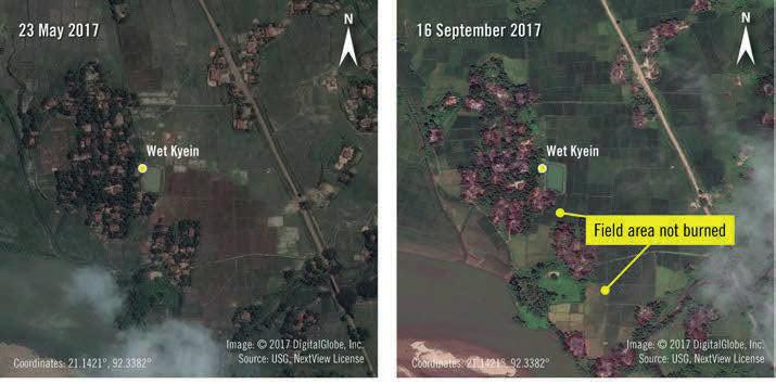 Source: USG, NextView Licence Second, satellite imagery and aerial photographs show structures that have been burned uniformly, suggesting that structures have been burned in the same manner.