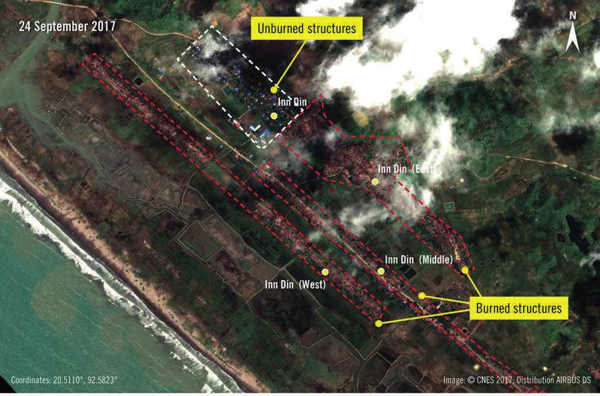 The layout and quality of the structures in the unburned area suggest that this is a non-rohingya area, which was further corroborated by witness accounts.