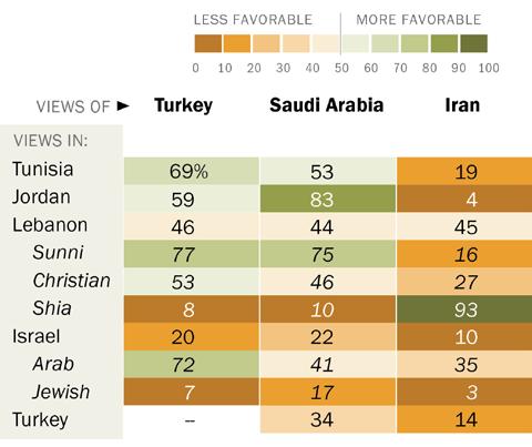 6 Widely negative views of Iran Overall, the Middle Eastern and North African nations surveyed have a very poor opinion of Iran and generally rate Saudi Arabia and Turkey more positively.