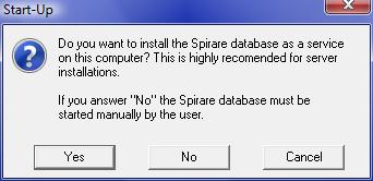 6.4.4. In the next step, select Yes to create the service SpirareDbService on the server. The service will start automatically. It is highly recommended that the Spirare database runs as a service. 6.