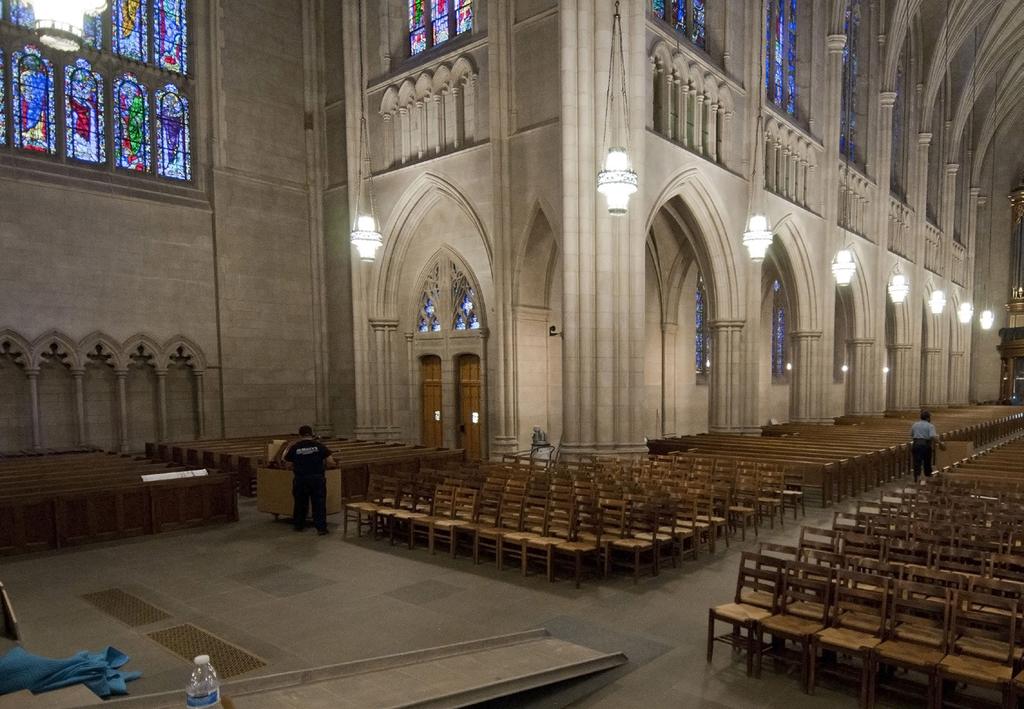 Resetting the chairs in Duke University Chapel. Please continue to pray for the Chapel and all those working on its restoration. Photo Credit: Ray Walker, Duke Facilities architect/project manager.