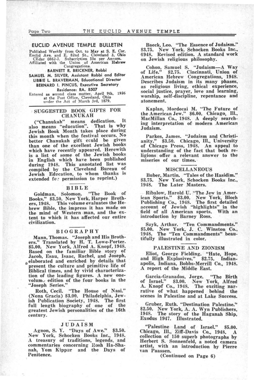 Page Two THE EUCLID AVENUE TEMPLE EUCLID AVENUE TEMPLE BULLETIN Published Week~ from Oct. to May at S. E. Cor. Euclid Ave. and E. 82nd St. Cleveland 3. Ohio CEdar 0862 3. Subscription SOC per Annum.