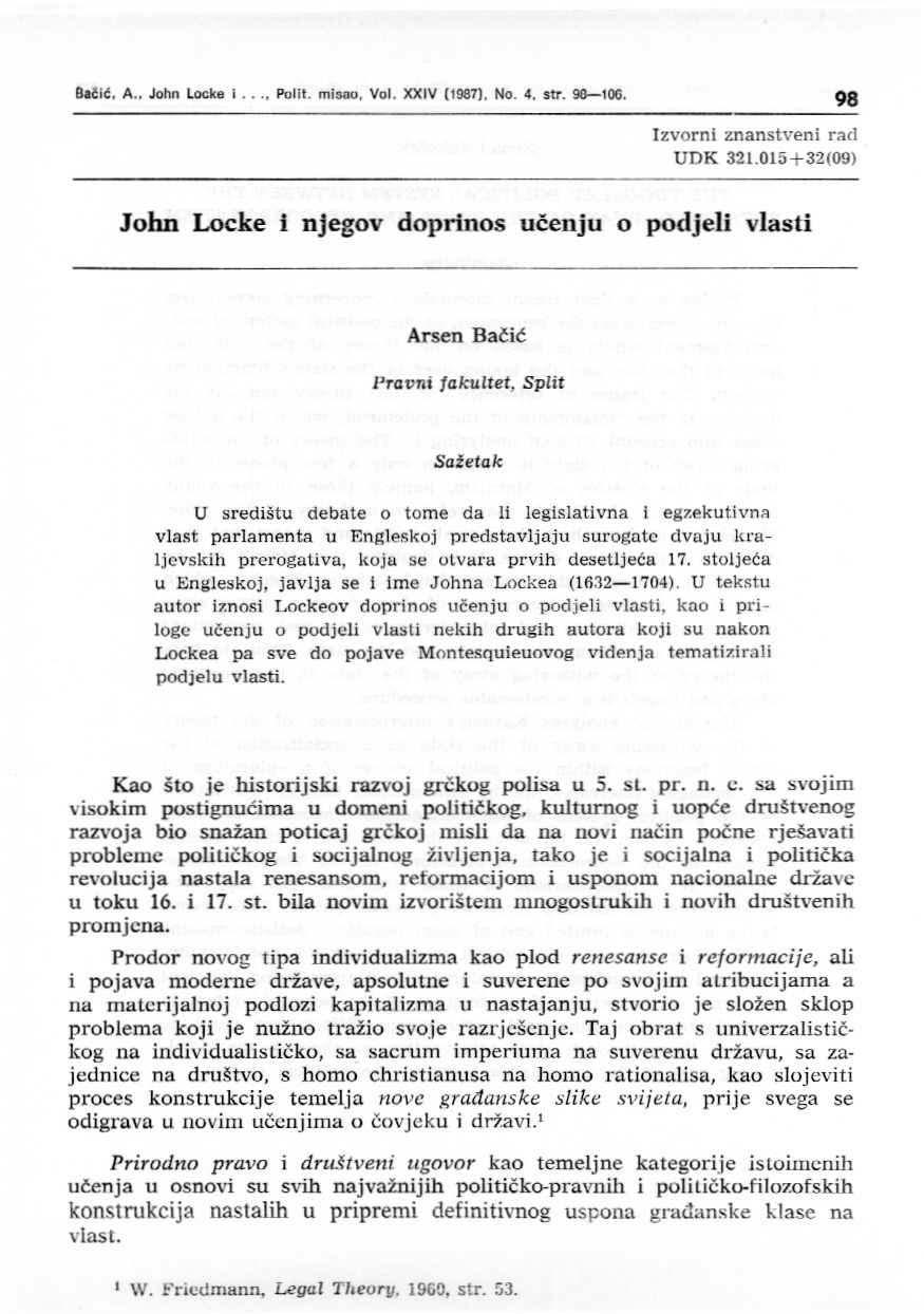 9a~lč, A.. John Locke i..., Pullt. mlsoo, Vol. XXIV (1967), No. 4. str. 98-106. 98 Izvorni znanstveni rad UDK 321.