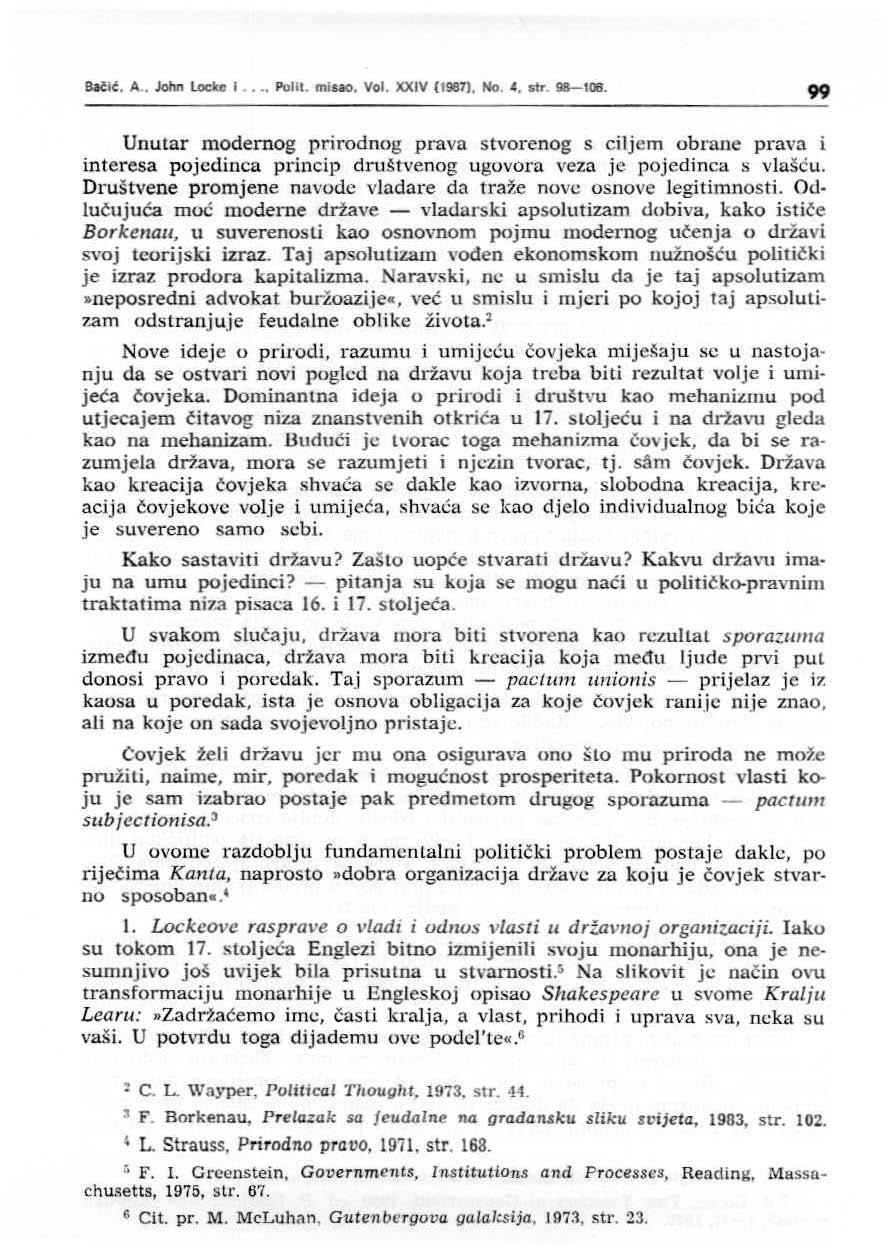 Bačić. A John locltc l Polil. misao. Vol. XXIV (1987), No. 4, str. 98-106.
