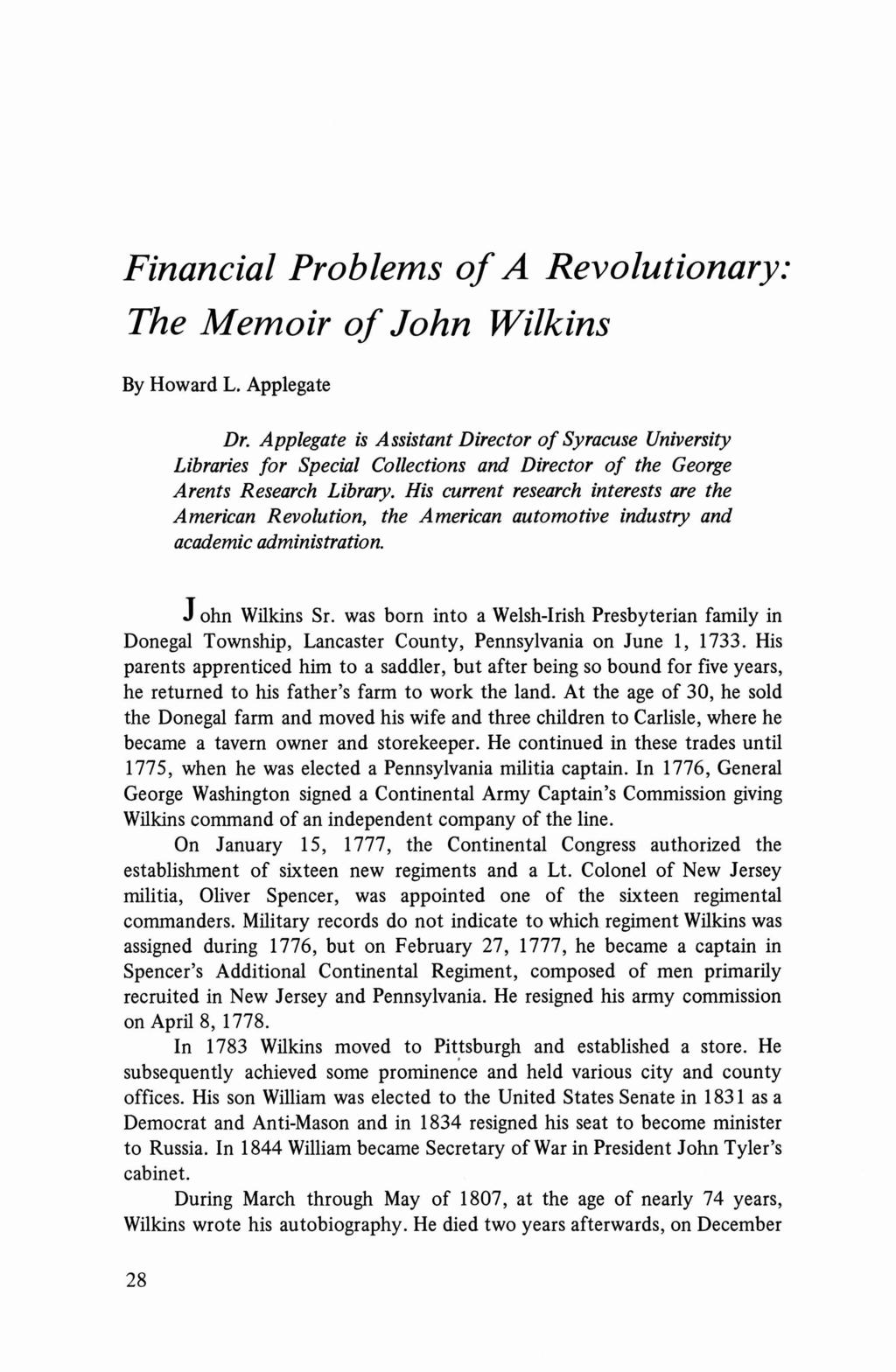 Financial Problems of A Revolutionary: The Memoir of John Wilkins By Howard L. Applegate Dr.
