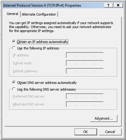 בחלון שנפתח בחר באפשרות "קבל כתובת IP באופן אוטומטי"/" automatically "Obtain an IP address ובחלק התחתון של העמוד בחר "קבל