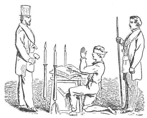 68 FIG. 10. CANDIDATE TAKING THE OATH OF A FELLOW CRAFT. (left to right: Master. Altar and Lights. Candidate. Conductor.