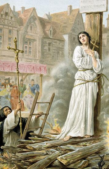 At her execution, Joan asked a priest to hold a crucifix high for her to see and to pray loud enough so that she could hear him over the roar of the flames.