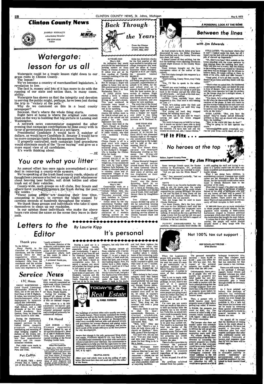 2B CLNTON COUNTY- NEWS,,St. Johns, Mchgan May 9,1973 Clnton County News A PERSONAL LOOK AT THE NEWS.