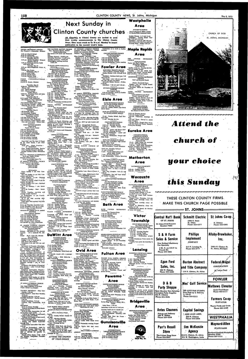 12B CLNTON COUNTY NEWS, St. Johns, Mchgan Mav 9, 1973 UNTED METHODST CHURCH Rev Francs C.