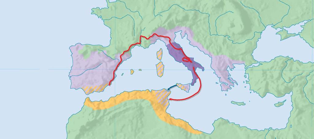 Punic Wars, 264 146 B.C. GAUL A L P S 0 400 Miles ATLANTIC OCEAN 40 N Tagus R. SPAIN PYRENEES Balearic Islands ITALY Corsica Rome Sardinia Adriatic DALMATIA Sea Cannae (216 B.C.) 0 800 Kilometers MACEDONIA GREECE Danube R.