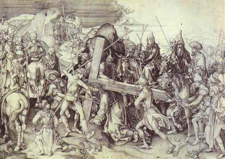 THE NINTH STATION: JESUS FALLS A THIRD TIME The Carrying of the Cross Martin Schongauer, year unknown Copper Engraving The weight of the Cross finally has overtaken Jesus as he falls a third time,