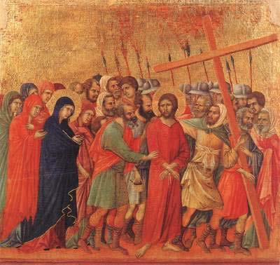 THE FIFTH STATION: THE CROSS IS LAID ON SIMON OF CYRENE The Way to Calvary Duccio di Buoninsegna, 1308-11 Tempera on Wood Panel The Gospel tells us that as the weight of Jesus Cross grew, the Roman