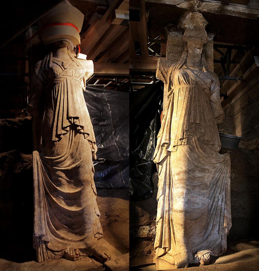 Figure 2. The entire bodies of the Amphipolis caryatids now revealed Furthermore, there is plenty of ancient evidence available on the form of ancient snake baskets as used in Dionysiac rites.