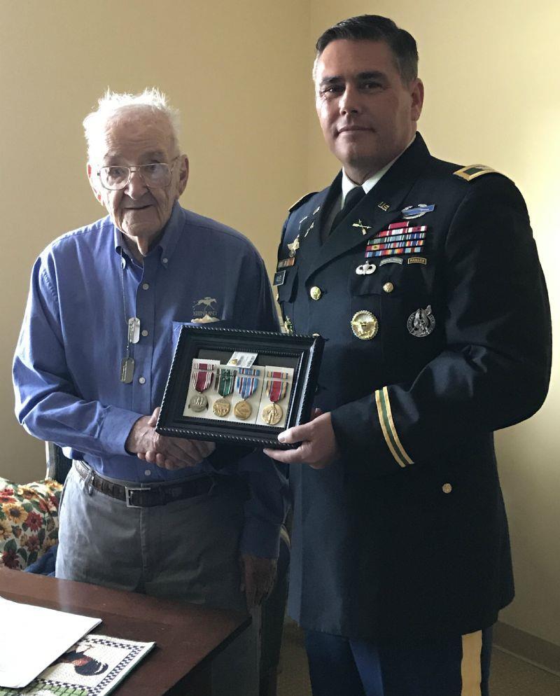 WWII Veteran Mr. Roscoe I. Kerr, Jr. & St. Margaret Mary KofC #15979 Brother Donald C. Wolfe, COL, USA. COL Wolfe presented Mr.
