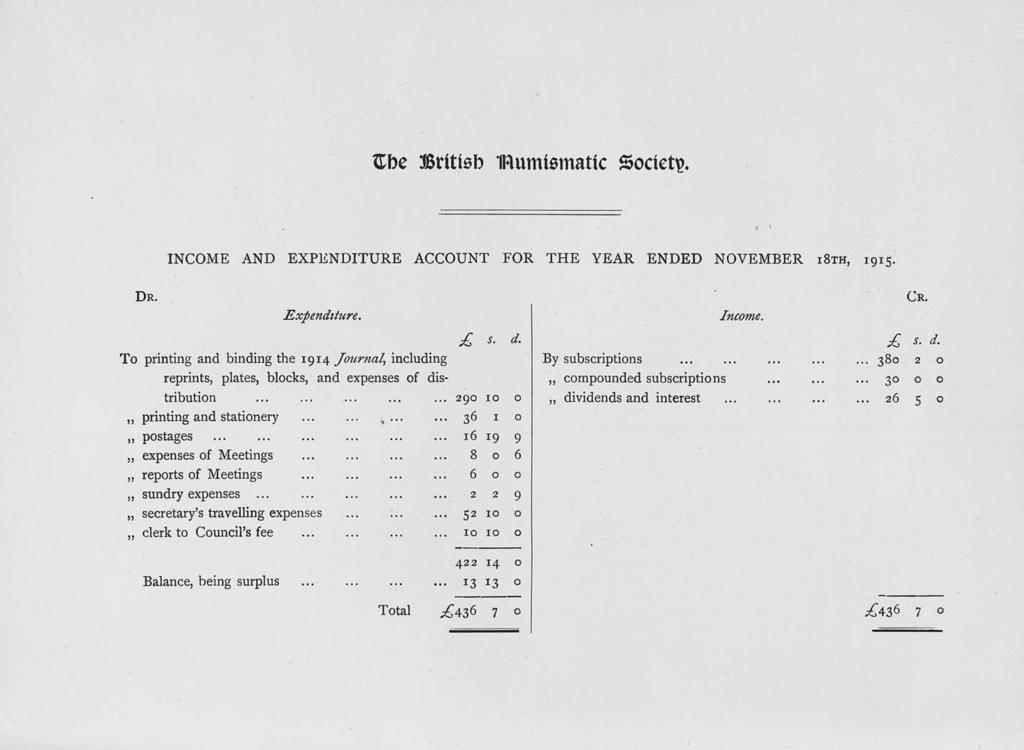 Gbe British IRumismatic Society INCOME AND EXPENDITURE ACCOUNT FOR THE YEAR ENDED NOVEMBER I8TH, 1915. DR. Expenditure. Income. CR. s- d. expenses of distribution.