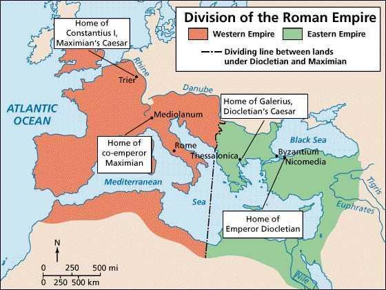 Rome split into Eastern and Western Empire.