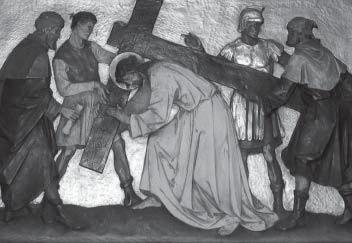 Fifth Station Simon of Cyrene Helps Jesus to Carry His Cross Leader: And when they had mocked Jesus, they took the purple cloak off and put His own clothes on him, and they led Him out to be