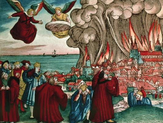 Babylon Burning. From the Apocalypse of Saint John (Revelations 18). Luther Bible, First Edition. 1530. Private collection. Photo Art Resource, New York.