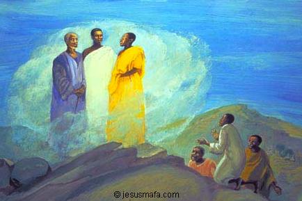 Page 10 In this modern representation of the Transfiguration from Cameroon, there is a swirling cloud of divine light surrounding Jesus.
