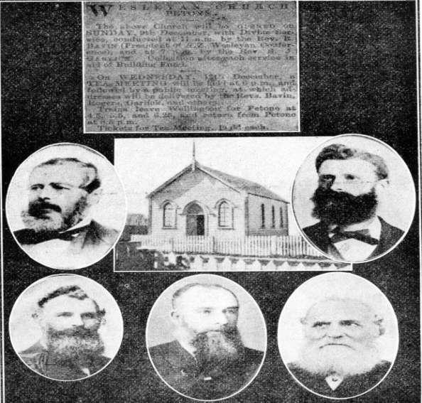 1883 (1) Advertisement in the "Evening Post" announcing the opening. (2) The Church as originally built. (3) Early Trustees: Mr.