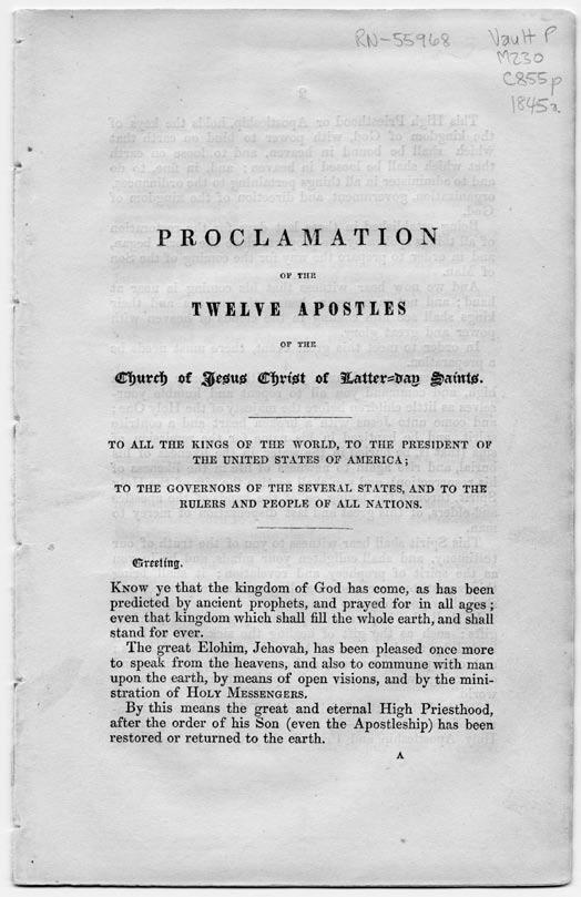 148 The Worlds of Joseph Smith Courtesy Family and Church History Department, The Church of Jesus Christ of Latter-day Saints Proclamation of the Twelve Apostles of the Church to the Rulers and