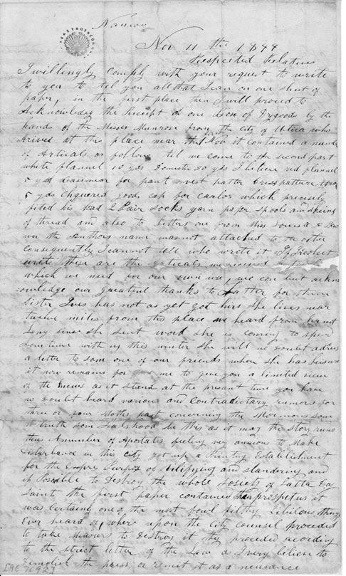 Gallery Display 127 Letter from Albert Brown to Albert Underwood, November 11, 1844.