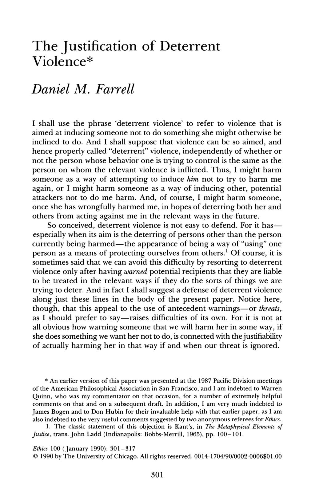 The Justification of Deterrent Violence* Daniel M.