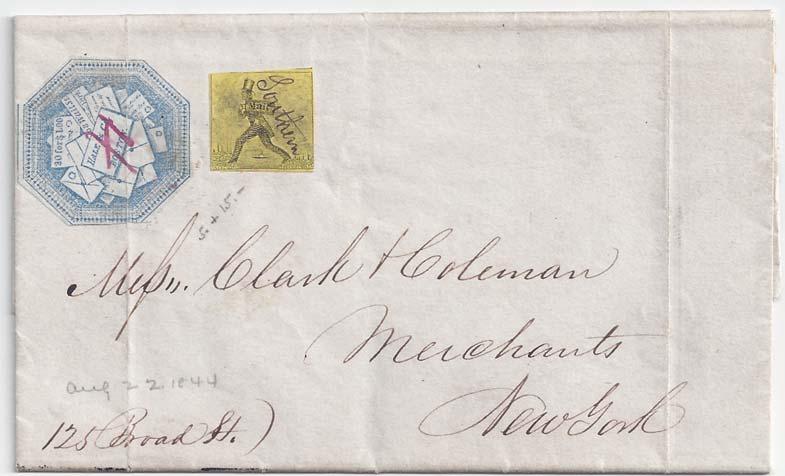 Figure 8. The earliest genuine use of the Hartford Letter Mail adhesive. Position 12 stamp with "Southern" precancel used on August 22, 1844 folded letter from T. Preston & Co.
