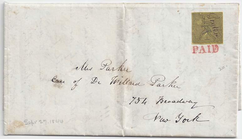 A very interesting folded letter dated from Meriden, Connecticut on September 27, 1844 is shown in Figure 9. This letter is addressed to a Mrs.