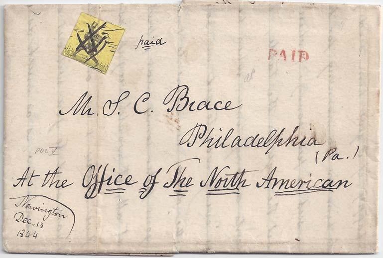Figure 11. December 13, 1844 folded Brace correspondence letter from Newington, Connecticut to Philadelphia.