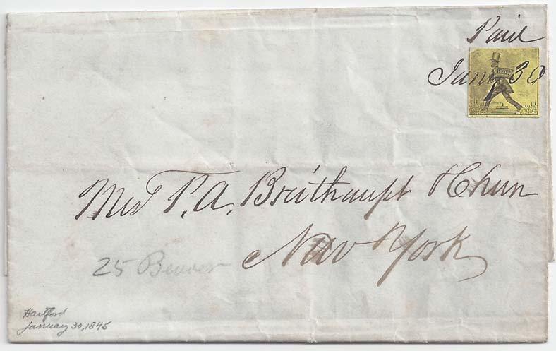 Another noteworthy use of a yellow adhesive on cover is the very attractive example shown in Figure 15. It is a January 30, 1845 use on a letter from A.H.