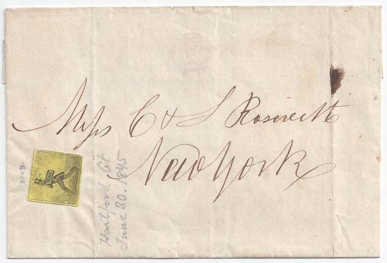 Figure 16. It is a single used on the final day of service on a folded cover docketed as being from A. Porter, Hartford and used to Messrs. C & S Roosevelt in New York.