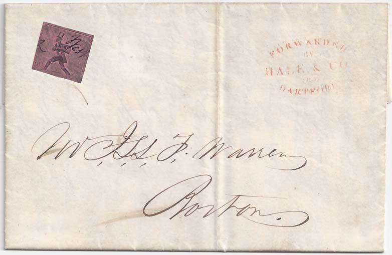 Figure 17. Black on pink Hartford Letter Mail adhesive used on undated folded cover from E.W. Bull, Hartford to J.S.S. Warren in Boston with Forwarded By Hale & Co., Hartford oval handstamp.