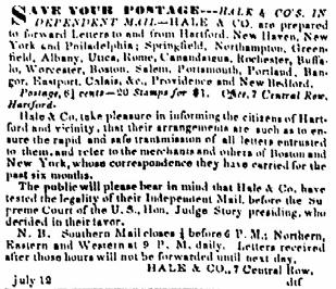 Figure 19. Hale & Company advertisements in Hartford Daily Courant. Advertisement at left, internally dated July 12 (1844), ran until September 25, 1844.