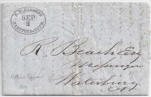 Figure 20. E.W. Parson's oval datestamp on Adam's Express Company business letter of September 2, 1857 dated from Hartford and the same marking on a local use 1858 cover.
