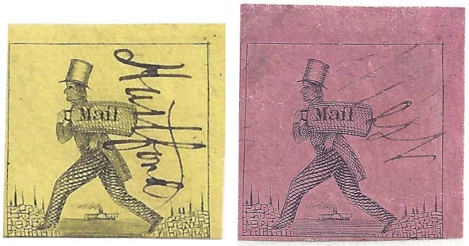 Figure 4. Enlarged images of the two Hartford Letter Mails stamp issues; black on yellow glazed paper and black on pink glazed paper.