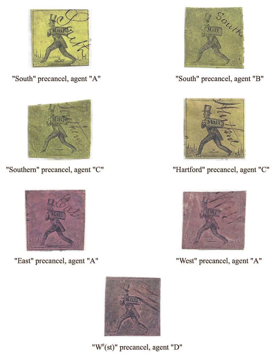 Figure 7. The seven different precancels that appear on Hartford Letter Mail stamps.