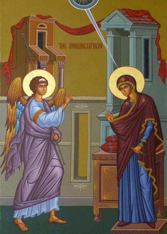 In the upper part of the icon is a semicircle which is a symbol of heaven. Rays are coming from the sphere and are directed to the Theotokos. The action of the Annunciation takes place in a room.