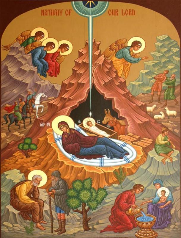 The Nativity of Our Lord Jesus Christ This icon retells the story of the birth of Christ; Mary is placed in the center as she played an important role.
