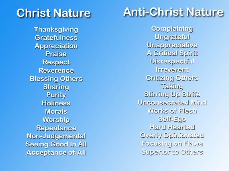 2 Compare the two natures to really see which one of these natures best describe your nature some of the time: Attributes of the Christ Nature Compared to the Anti-Christ Nature: This chart will give