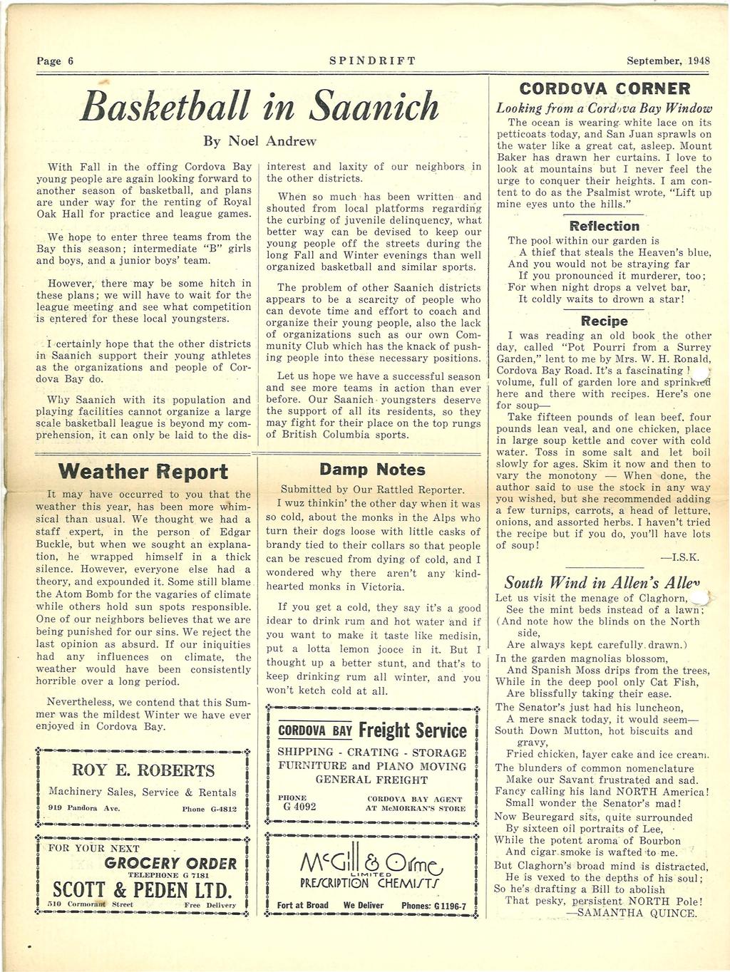 Page 6 SPNDRFT September 1948 Basketball n Saanch Wth Fall n the offng Cordova Bay young people are agan lookng forward to another season of basketball and plans are under way for the rentng of Royal
