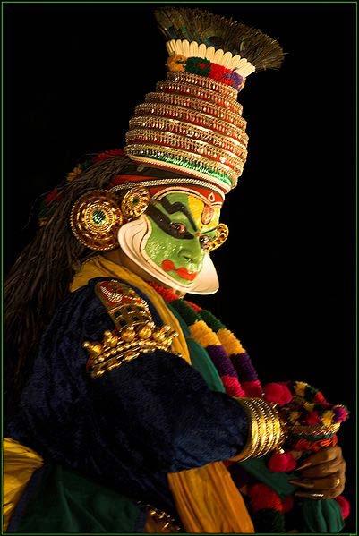 In the performing arts A Kathakali performer as Krishna. While discussing the origin of Indian theatre, Horwitz talks about the mention of the Krishna story in Patanjali's Mahabhashya (c.