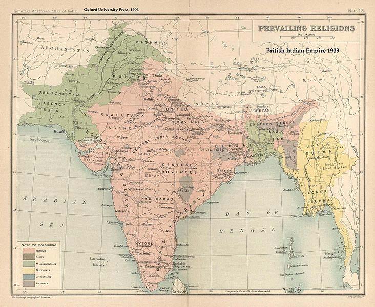 British Raj Hindu revivalism 1909 Prevailing Religions, Map of British Indian Empire, 1909, showing the prevailing majority religions of the population for different districts.