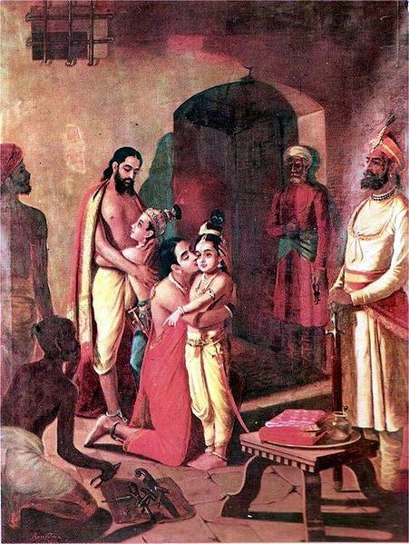 Krishna and Balarama meet their father and mother - Vasudeva and Devaki. Thus a personal name of Krishna as Vaasudeva or son of Vasudeva, and Devakinandana, son of Devaki.