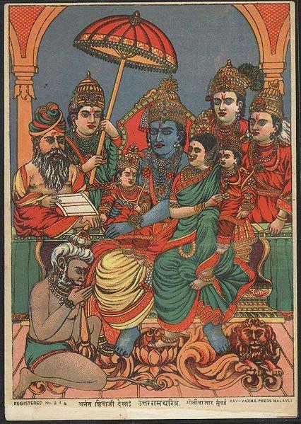 Rama and Sita Rama with Sita on the throne, their children Lava and Kusha on their laps. Behind the throne, Lakshamana, Bharata and Shatrughna stand. Hanuman bows to Rama before the throne.