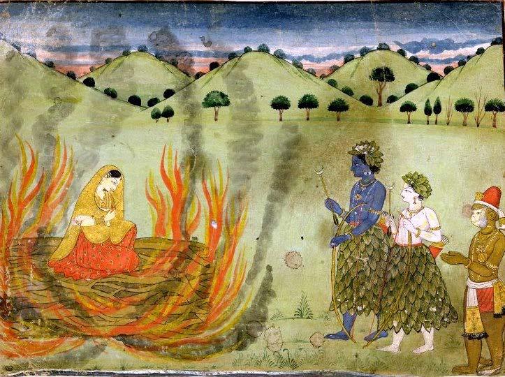 The Agni pariksha Sita begs Lakshmana to build her a pyre upon which she could end her life, as she could not live without Rama.