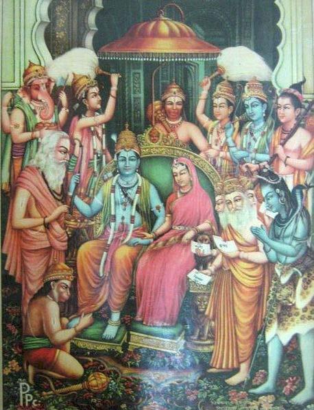 Rama Rajya Coronation of Rama with Sita (center on the throne), surrounded by his brothers and other deities including Hanuman (bottom left) The end of the war coincides with the end of Rama's tenure